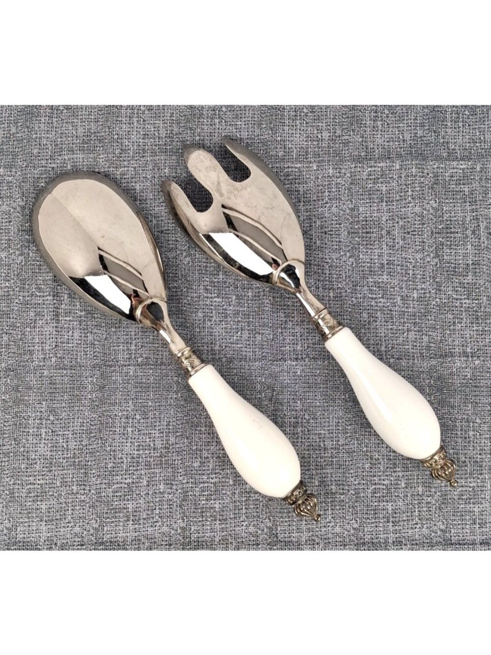 VTG GODINGER Silverplated White Porcelain Handle Spoon Fork Server Set 10.75" L - Picture 2 of 9